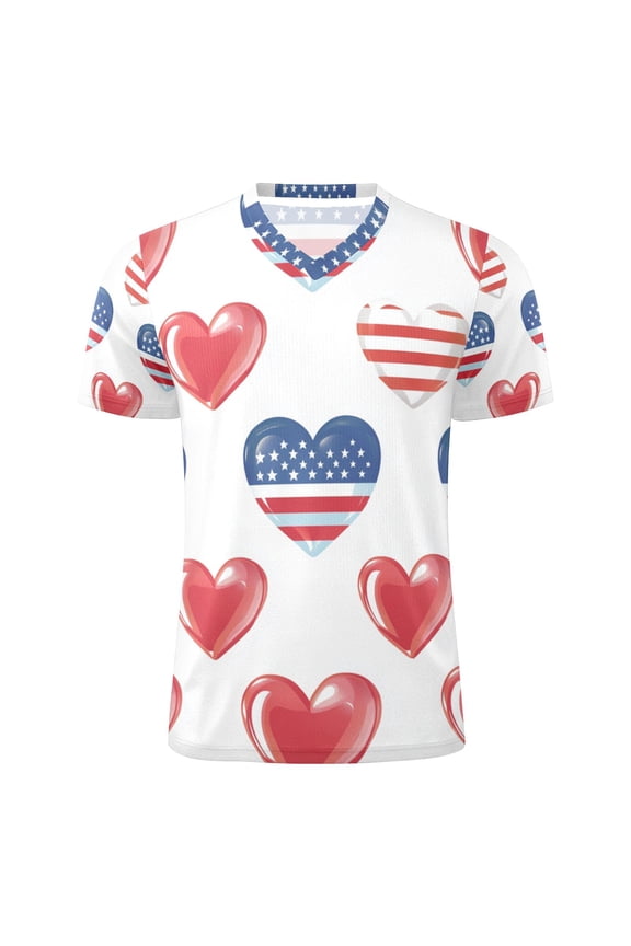 Independence Day Flag Pattern Hearts Men's Sports Jerseys Athletic T-Shirt Football Referee Short Sleeves Shirt M