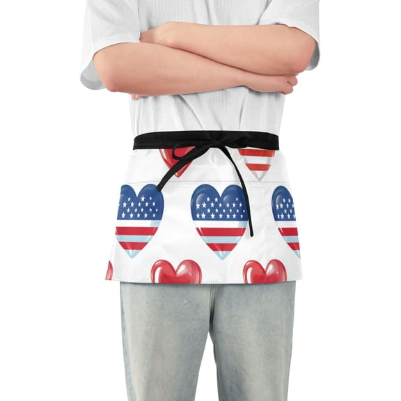 Independence Day Flag Pattern Hearts Short Server Apron with 3 Pockets for Unisex Chef Gardening