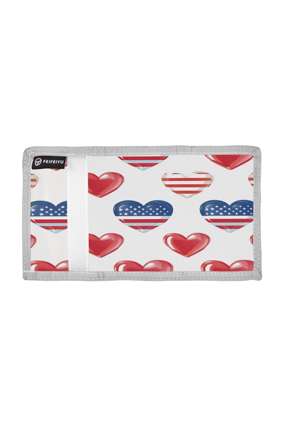 Independence Day Flag Pattern Hearts Trifold Wallets Card Holders Coin Pockets with Lanyards Portable Unisex