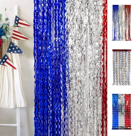 Independence Day Flag Rain Curtain 200x100cm PET • Red White Blue Foil Fringe Backdrop • Waterproof Hanging Party Decoration for Memorial Day Labor Day