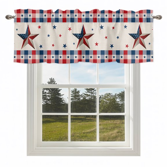 Independence Day Flag Star on Cotton Valances for Windows Buffalo Plaid Border Rod Pocket Curtain Valance Window Treatment Short Curtains for Kitchen Living Room,42x12in