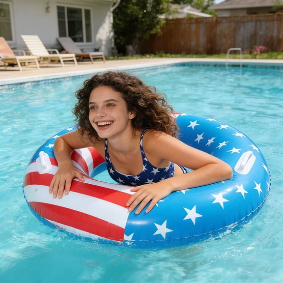 Independence Day Flag-Themed Swim Ring, Inflatable Pool Float Tube Flag Swimming Rings With Handles Extra-Thick And Antis-Roll Designs For Beach Lake Open Park, 32 In