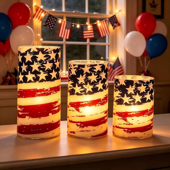 Independence Day Flameless Candle Lights 3 Pack with Remote, Battery Powered Fake Candles for Mantle, Stars Stripes Holiday Home Decor