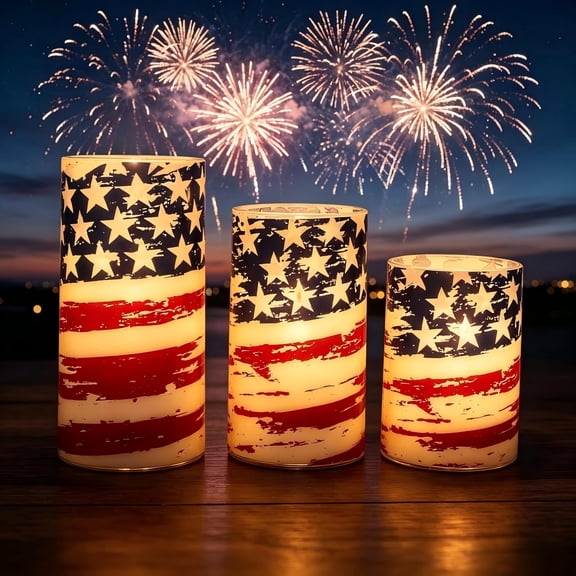 Independence Day Flameless Candle Lights Cordless Safe LED Candles, 3 Assorted Heights, Remote Control, Patriotic American Flag Print