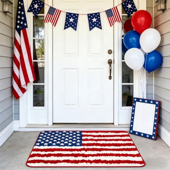 Independence Day Floor Mat, American Flag Faux P Carpet, Red White Blue Bathroom Rug, Thickened Entry Door Mat for Home, Office, Indoor Holiday Decoration