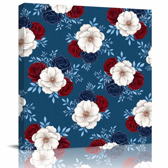 Independence Day Floral Canvas Artwork Painting Art, Red White Blue Roses Pattern Square Framed Wall Decorations Prints Picture for Bedroom Kitchen Living Room, 16x16 in