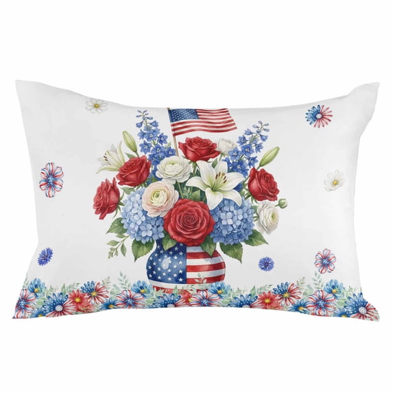 Independence Day Floral Throw Pillow Cover 16 x 24 Inch Decorative Pillow Cover Red Blue Roses Patriotic Lumbar Pillowcase Seasonal Rectangle Cushion Case for Couch Sofa Bed Living Room