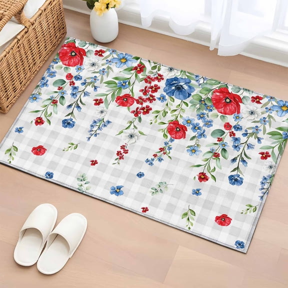 Independence Day Flower 2'x3' Rug for Entryway Front Door Kitchen Sink Area, Farm Red Blue White Floral Green Leaf Gray Plaid Low Pile Washable Non Slip Rectangle Area Rug