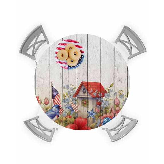 Independence Day Flower Bird Flag Fitted Round Tablecloths Elastic Edged Table Covers 45"-54",Watercolor Floral on Wood Plank Waterproof Dining Room Table Cloth for Kitchen Holiday Party Tables Decor