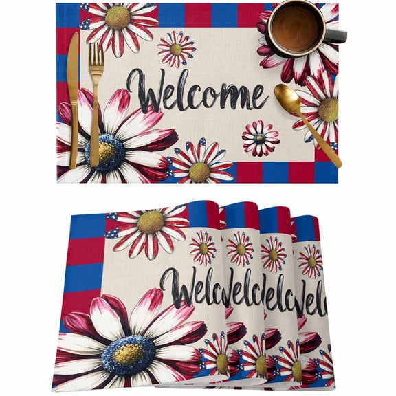 Independence Day Flower Daisy Welcome Quote Placemats Set of 4,Wipeable Washable Table Mats for Dining Tables,Retro Linen Place Mats for Kitchen Event Party Tabletop Decor