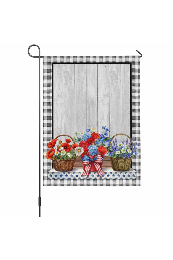 Independence Day Flower House Flags For Outdoor, Red Blue Stripe Star Bow Tie Daisy Black Plaid Wood Small Double Side Yard Flags Weather Proof House Decor for Lawn Outside Holiday 28 x 40 Inches