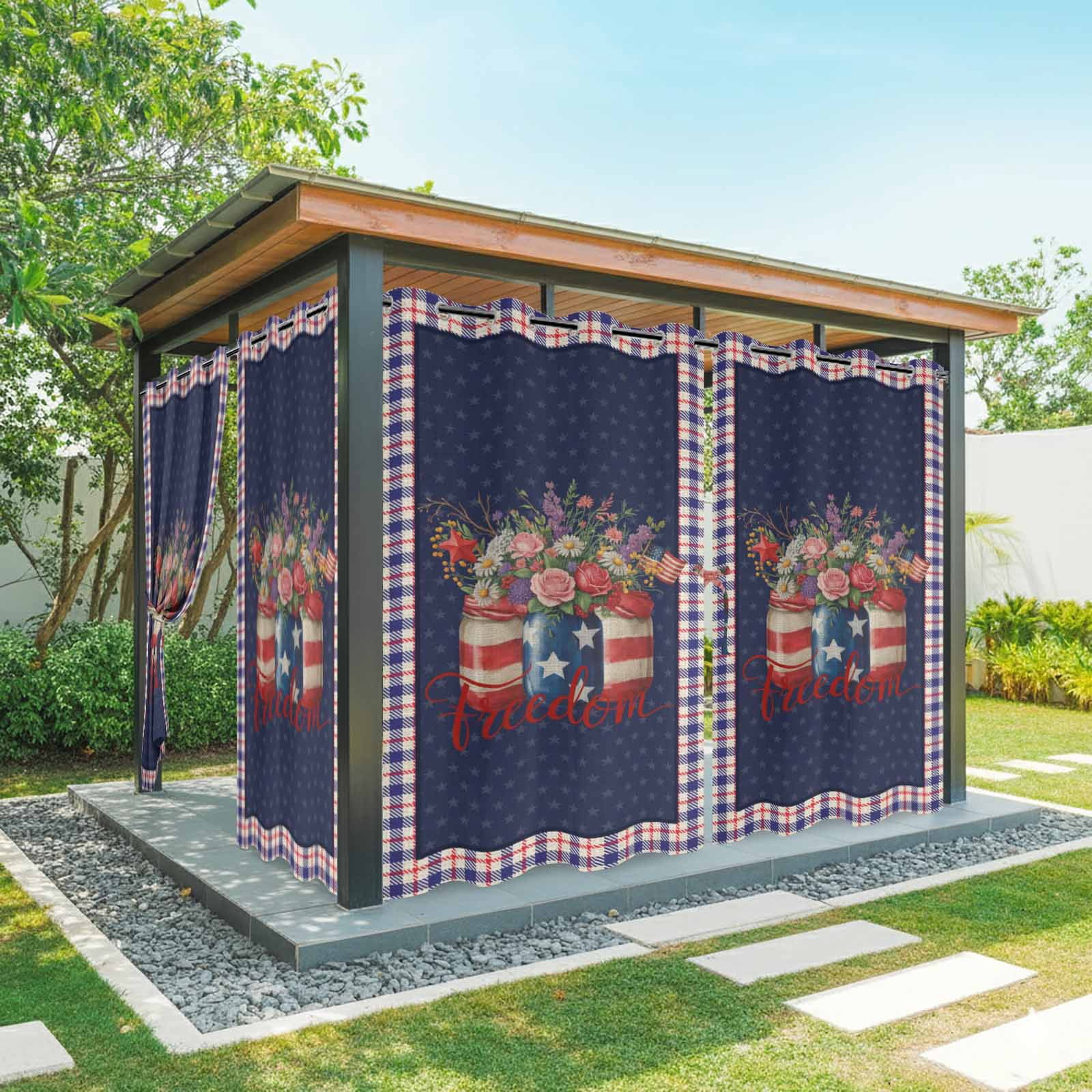 Independence Day Flower Outdoor Curtains for Patio, U.S. Flag Freedom Floral Red Blue Plaid Sunshade Privacy Drapes Grommet Waterproof Outside Curtains for Porch/Cabana/Balcony 54"x 108", 1 Panel