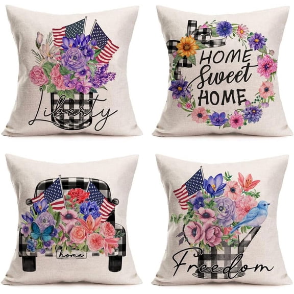 Independence Day Flower Pillow Covers Set of 4 20x20 Inch Buffalo Plaids America Stars and Stripes Flag Floral Birds Truck 4th of July Throw Pillow Cases Freedom Liberty Home Sweet Home Pillows