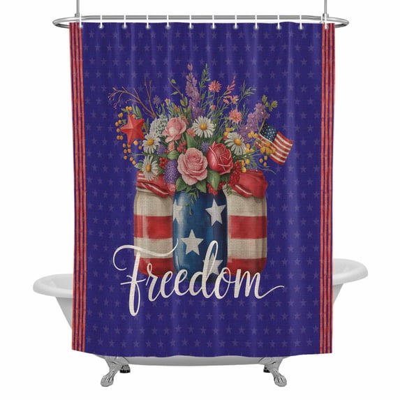 Independence Day Flower Shower Curtain for Bathroom, U.S. Flag Freedom Floral Blue Red Waterproof Cloth Fabric Bathroom Accessories Set with 12 Rust Proof Plastic Hooks, 36"x72"