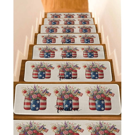 Independence Day Flower Stair Treads Non Slip for Steps U.S. Flag Freedom Floral Retro Linen 15 Pcs Reusable Adhesive Stair Runner Mats for Dogs Elders Carpet Treads Rugs for Staircase 8x30 In
