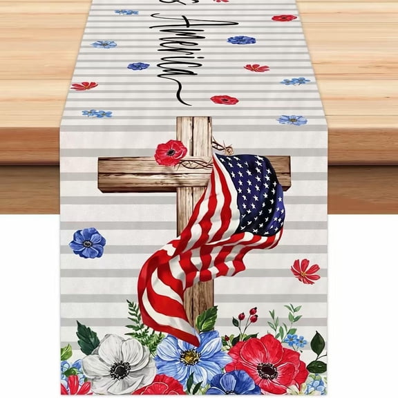 Independence Day Flower Stripe Patriotic Table Runner ,Cross Memorial Day 4th of July Table Decoration for Holiday Home Party 13x72 Inch