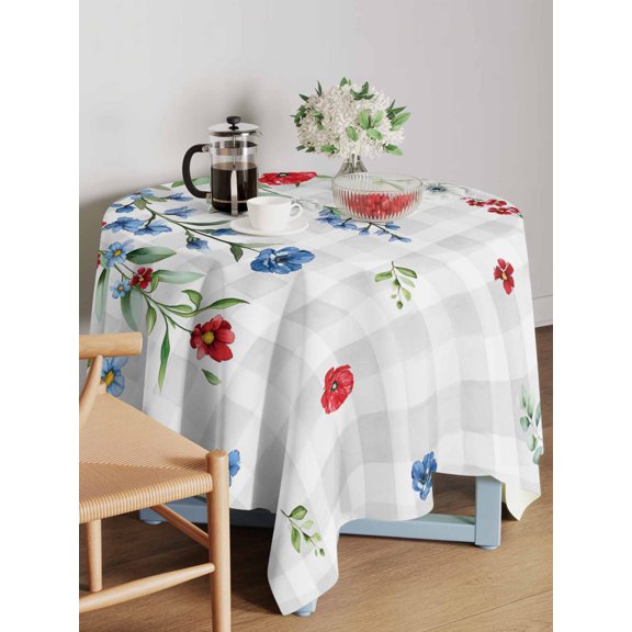 Independence Day Flower Table Cloth 54x54 Inch Square, Farm Red Blue White Floral Green Leaf Gray Plaid Waterproof Tablecloth Washable Table Cover for 250th Anniversary Party Picnic Dinner Decor