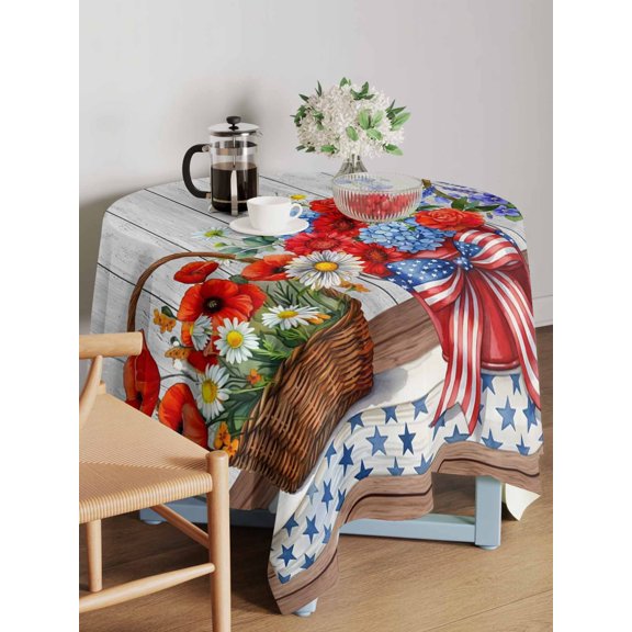 Independence Day Flower Table Cloth 54x54 Inch Square, Red Blue Stripe Star American Flag Daisy Wood Grain Waterproof Tablecloth Washable Table Cover for 250th Anniversary Party Picnic Dinner Decor