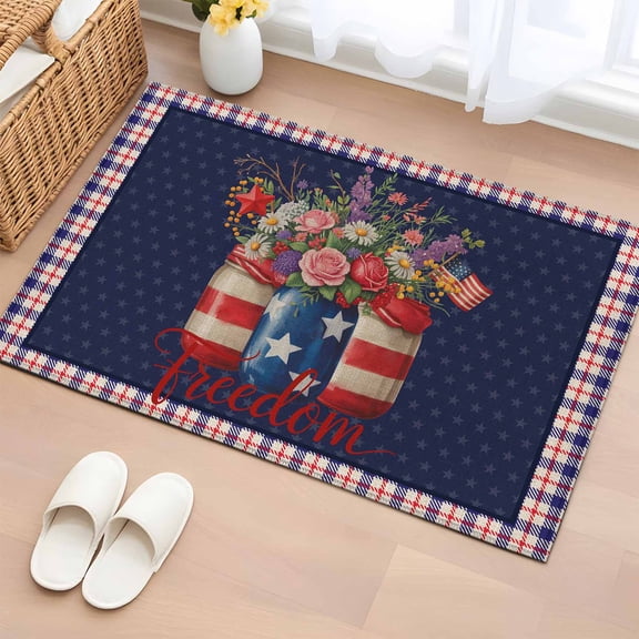 Independence Day Flower Washable Area Rug 2 x 3 ft U.S. Flag Freedom Floral Red Blue Plaid, Soft Non Slip Rugs Stain Repellent Indoor Felt Carpet for Living Dining Room Bedroom Home Office