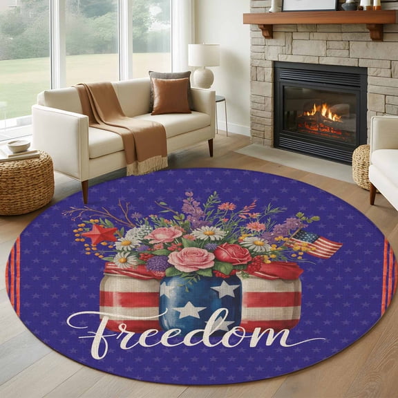 Independence Day Flower Washable Round Area Rug 5 ft, U.S. Flag Freedom Floral Blue Red, Soft Non Slip Rugs Stain Repellent Indoor Felt Carpet for Living Dining Room Bedroom Home Office