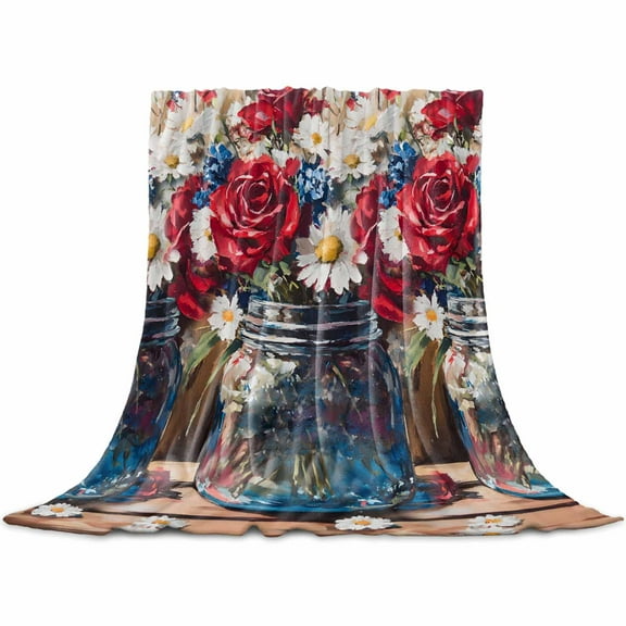 Independence Day Flowers Flannel Blanket for Bed, Rose Vintage Daisy Painting Soft Cozy Warm Couch Throw Blanket, Lightweight Fluffy Plush Bedding Blankets for Sofa Decor All Season 30"x40"