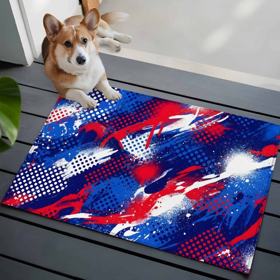 Independence Day Front Door Rugs 2x3 ft Abstract Red Blue White Mottled Painted Dots Small Rug for Entryway Non Slip Washable Bathroom Door Mat Absorbent Floor Mat for Indoor Entrance