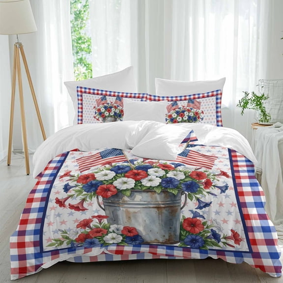 Independence Day Full Size Comforter Set, U. S. Flag Red White Blue Poppy Colorful Plaid Bedding for All Seasons, 4 Pcs Bed Set, 1Quiltcover (86"x86") ,1Sheet(80"x116"), 2Pillowcases (30"x20")
