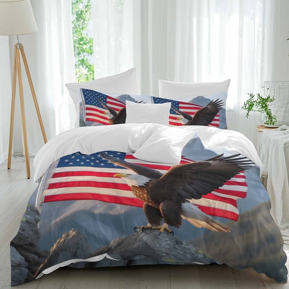 Independence Day Full Size Comforter Set, U.S. Flag Themed Bald Eagle Natural Mountain Bedding for All Seasons, 4 Pcs Bed Set, 1Quiltcover (86"x86") ,1Sheet(80"x116"), 2Pillowcases (30"x20")