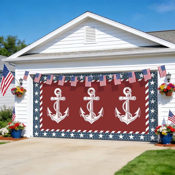 Independence Day Garage Door Banner Cover 7 x 16 ft U.S. Flag Ocean Coastal Anchorage Star Navy Blue Garage Door Decoration Hanging Garage Door Cover Backdrop Wall Decoration for Outdoor Indoor Party