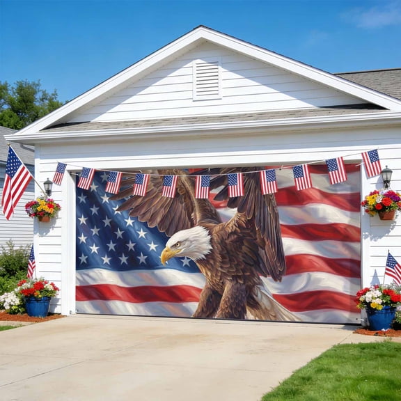Independence Day Garage Door Banner Cover 7 x 16 ft Watercolor U. S. Flag Soaring Bald Eagle Garage Door Decoration Hanging Garage Door Cover Backdrop Wall Decoration for Outdoor Indoor Home Party