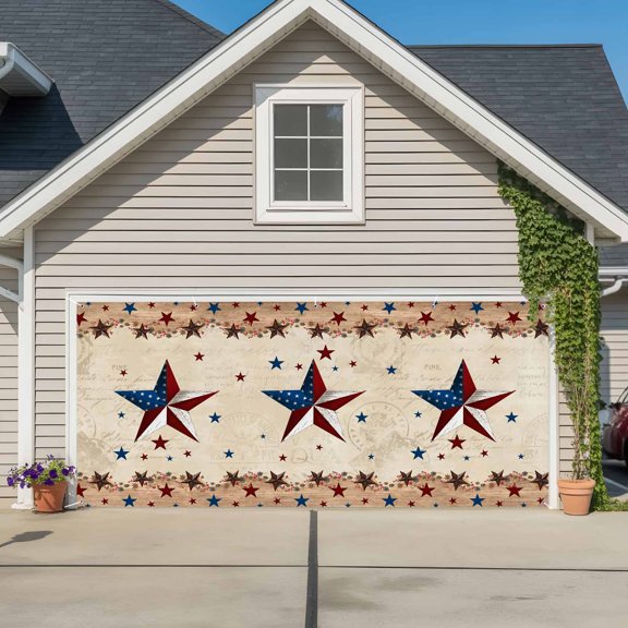 Independence Day Garage Door Cover Banner 7 x 16 FT, Rustic Texas Star Farmhouse Wooden Garage Door Curtains Backdrop with Grommets for Indoor Outdoor Wall Party Porch Yard Decorations Background