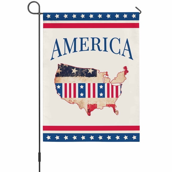 Independence Day Garden Flag 12 x 18 Inches, American Flag Retro Map Beige Background Red Stripes Weather Proof Outdoor Patio Flags Double Sided Small Garden Decoration for Yard Outside Home