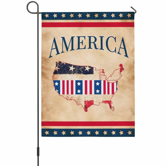 Independence Day Garden Flag 12 x 18 Inches, American Flag Retro Map Brown Background Red Stripes Weather Proof Outdoor Patio Flags Double Sided Small Garden Decoration for Yard Outside Home