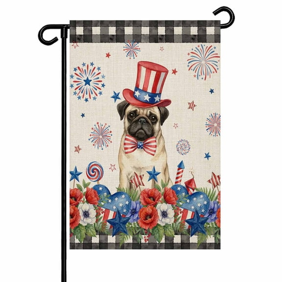 Independence Day Garden Flag 12x18 Inch Cartoon Pug Dog Colorful Poppy Linen Texture Double Sided Small Decorative Garden Flags for Outside, Outdoor Yard Porch Lawn Decoration