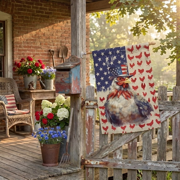 Independence Day Garden Flag 12x18 Inch, Funny Rooster in Uncle Sam Hat Patriotic Yard Flag, Digital Printed Linen Outdoor Decoration for 4th of July