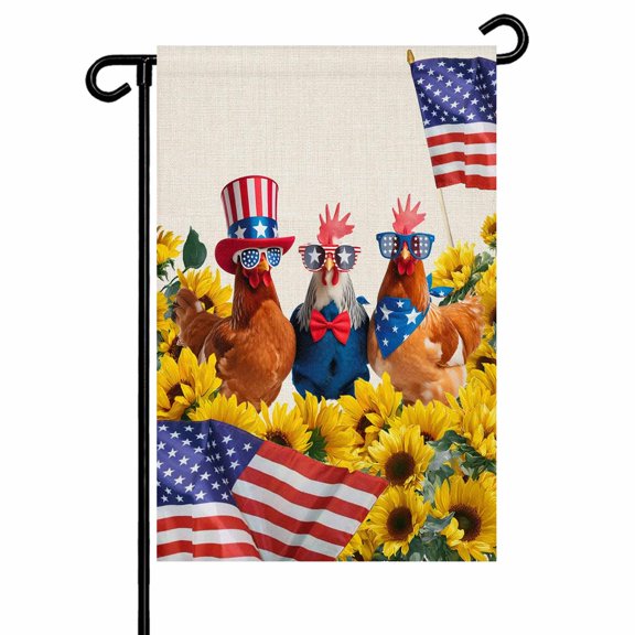 Independence Day Garden Flag 12x18 Inch U.S. Flag Themed Farm Rooster Summer Sunflower Linen Double Sided Small Decorative Garden Flags for Outside, Outdoor Yard Porch Lawn Decoration