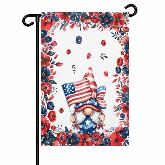 Independence Day Garden Flag 28x40 Inch Gnome Red Blue Navy Flower U.S. Flag Double Sided Small Decorative Garden Flags for Outside, Outdoor Yard Porch Lawn Decoration