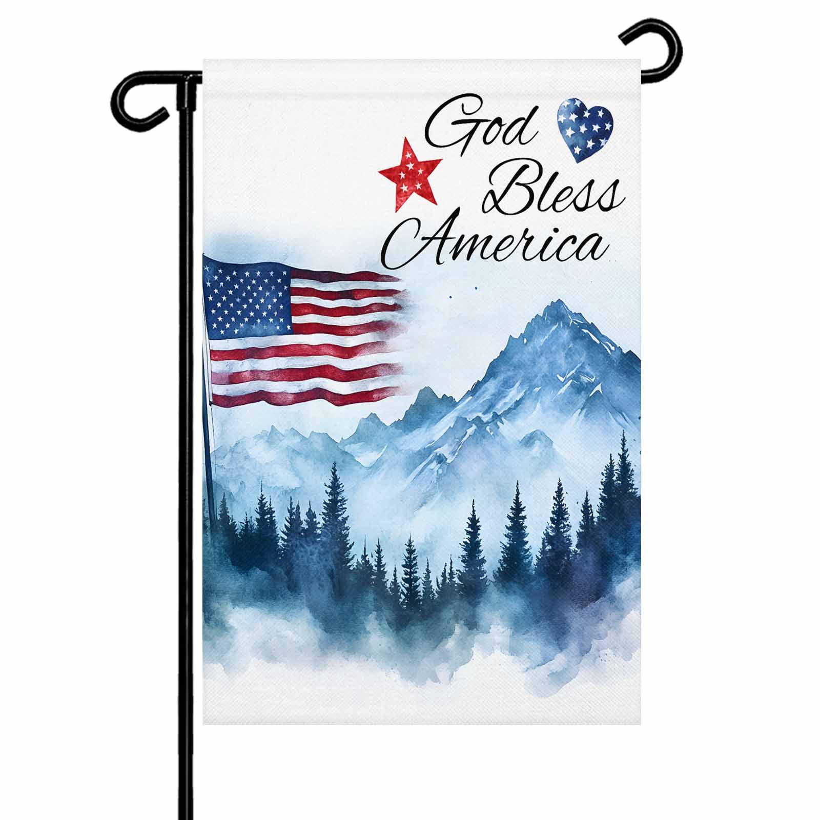 Independence Day Garden Flag 28x40 Inch God Bless American Mountains Double Sided Small Decorative Garden Flags for Outside, Outdoor Yard Porch Lawn Decoration