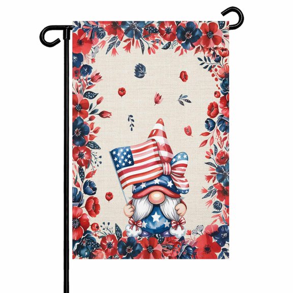 Independence Day Garden Flag 28x40 Inch Vintage Gnome Red Blue Navy Flower U.S. Flag Double Sided Small Decorative Garden Flags for Outside, Outdoor Yard Porch Lawn Decoration