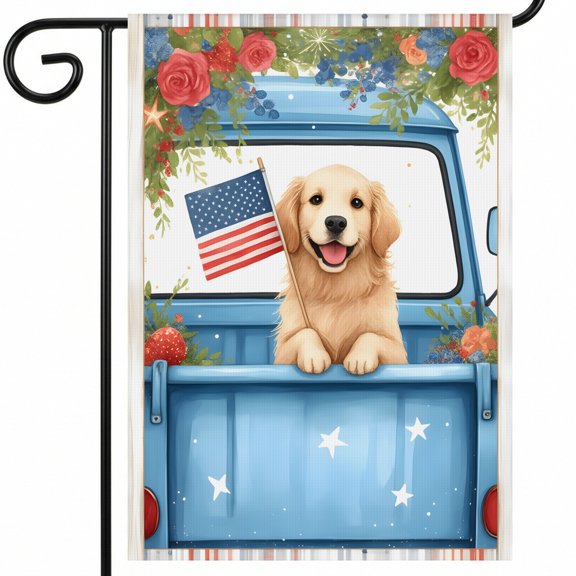 Independence Day Garden Flag A Dog Is Sitting In The Back Of A Blue Truck With An American Flag 28x40 Inch Classic Size Patriotic Yard Decorations