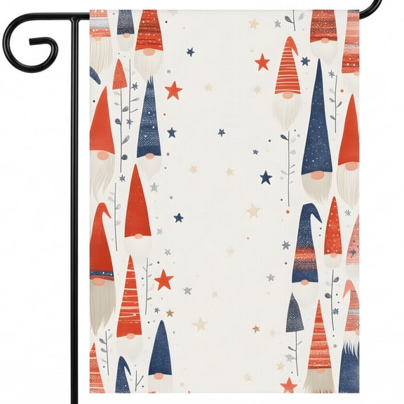 Independence Day Garden Flag: A Pattern of Gnomes and Stars on a White Background. Semiquincentennial America 250 28 x 40 inches Americana Decor