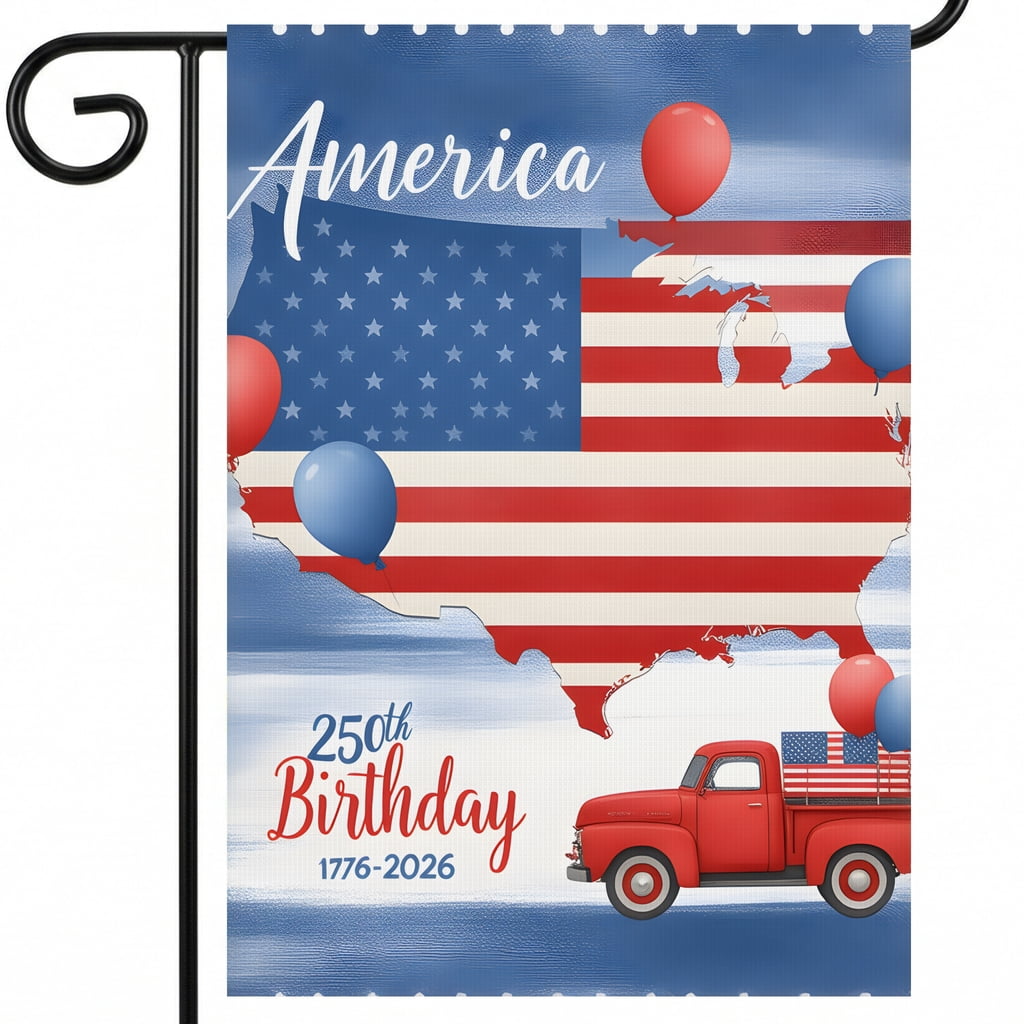 Independence Day Garden Flag Red truck Map United States America 250th Birthday Celebration 1776-2026 28x40in House Flag USA Decor