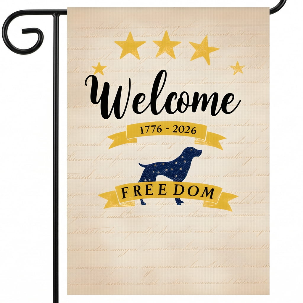 Independence Day Garden Flag A welcome sign with a dog and stars on it ...