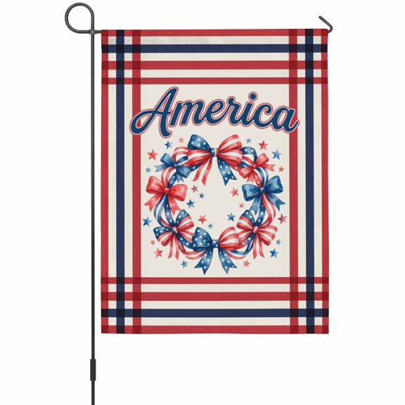 Independence Day Garden Flags For Outdoor, American Red Black Stripes Bow Wreath Small Double Side Yard Flags Weather Proof Garden Decor for Lawn Outside Holiday 12 x 18 Inches