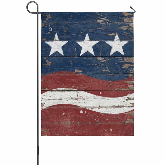 Independence Day Garden Flags For Outdoor, Vintage American Flag Retro Blue Red Wave Wood Grain Small Double Side Yard Flags Weather Proof Garden Decor for Lawn Outside Holiday 12 x 18 Inches
