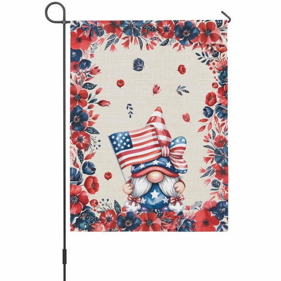 Independence Day Garden Flags For Outdoor, Vintage Gnome Red Blue Navy Flower U.S. Flag Small Double Side Yard Flags Weather Proof Garden Decor for Lawn Outside Holiday 12 x 18 Inches