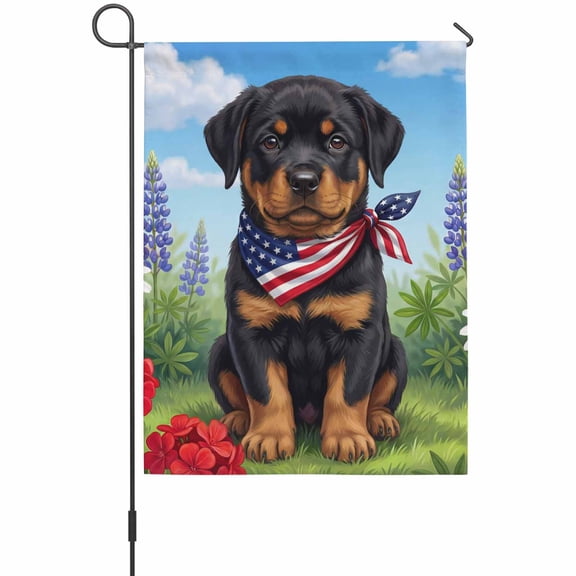 Independence Day Garden Flags For Outdoor, Watercolor U. S. Flag Cute Rottweiler Butterfly Small Double Side Yard Flags Weather Proof Garden Decor for Lawn Outside Holiday 12 x 18 Inches