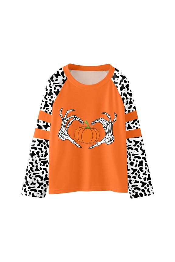 Independence Day Girls Business Tops Pumpkins Letters Prints Leopard Long Sleeve Summer Tops,Grey,120