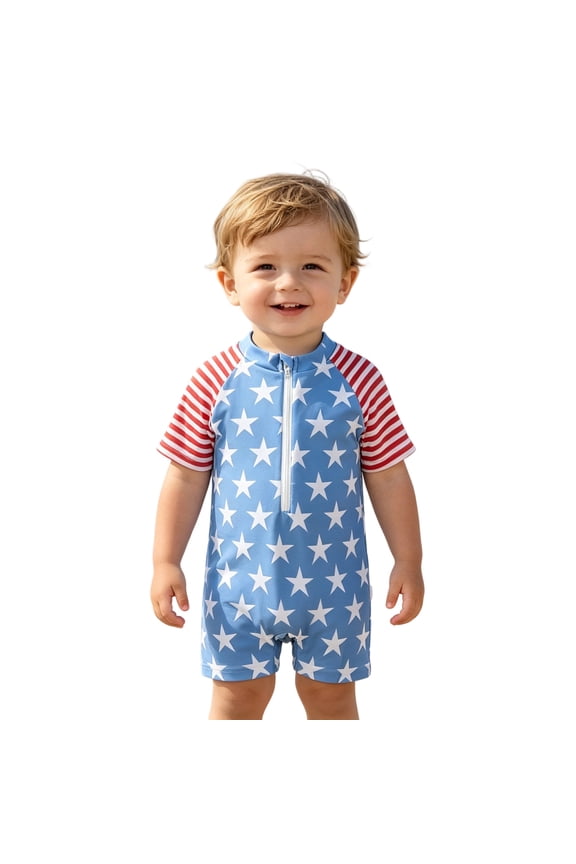 Independence Day Girls Flag Star Stripe Zip-Up One Piece Rash Guard Swimsuit Toddler Bathing Suit Size:0-6 Months