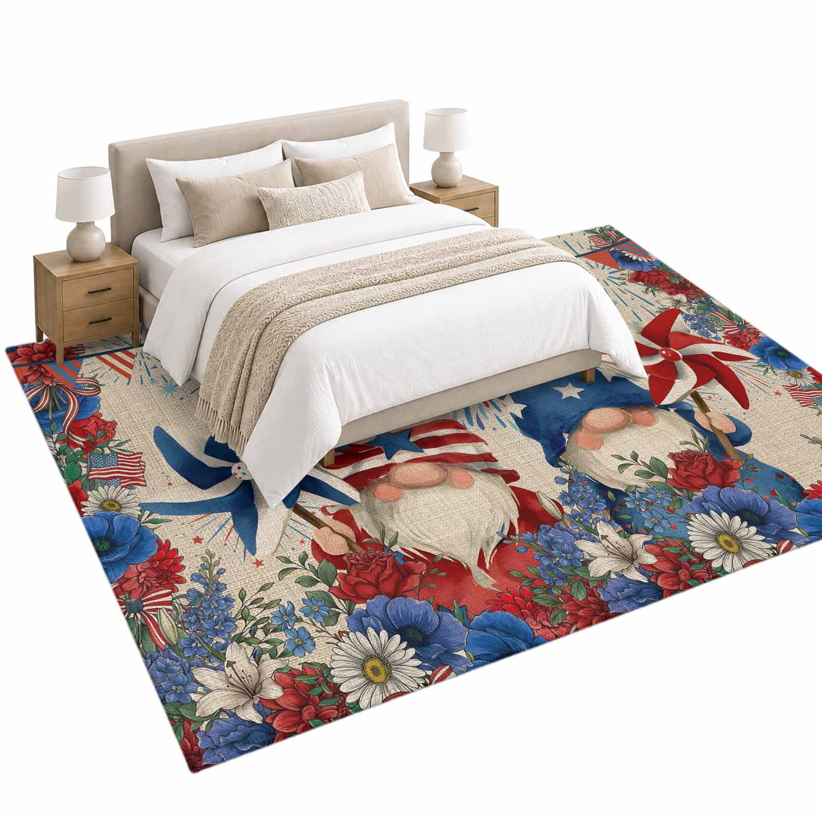 Independence Day Gnome Area Rug 5'x7', Country Red Blue Stripe Pennant ...